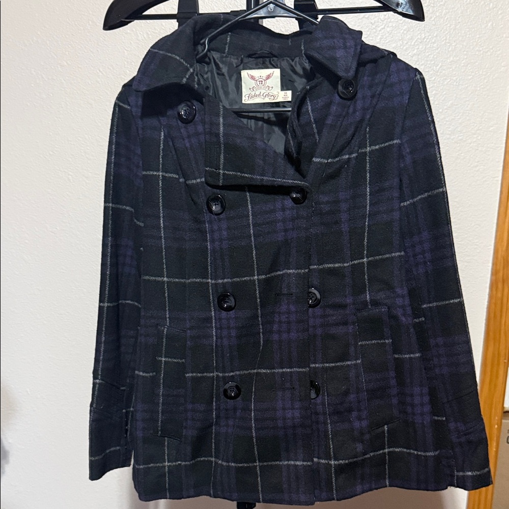 Faded Glory Black and Purple Plaid Pea Coat